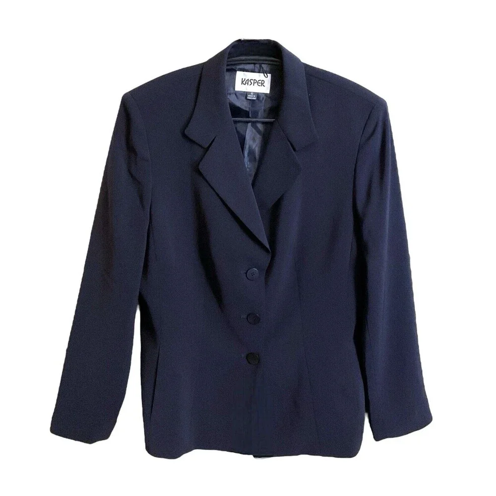Kasper Women's 3 Button Blazer Size 10 Navy Notched Collar Pocket Work Career
